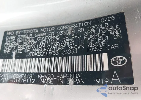 2005 Toyota Prius z USA, uszkodzony, nr VIN JTDKB20UX53126034